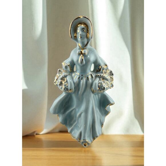 Vintage Porcelain Victorian Style Lady w/ Baskets Figurine Turquoise Glaze Gilt - Picture 1 of 9